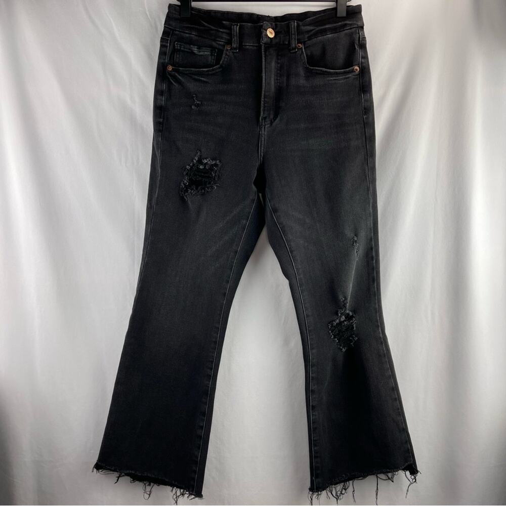 Express High Waisted FlexX Black Ripped Cropped Flare Jeans Size M